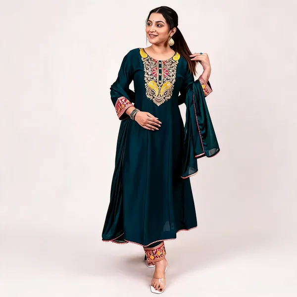 Women's_Vichhitra_Silk_Embroidered__Line_Kurta_With_Pant_And_Dupatta_Set_Teal_Green