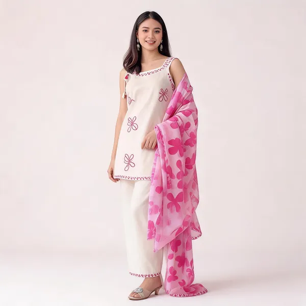 Elegant_Off_White_Floral_Kurta_Set_With_Printed_Dupatta_Off_White_Pink