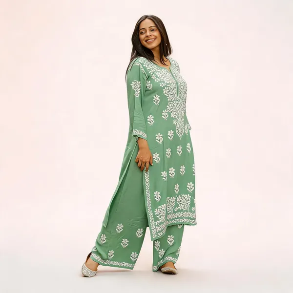 Premium_Lucknowi_Chikankari_Kurta_Pant_Set_For_Women_Mint_Green