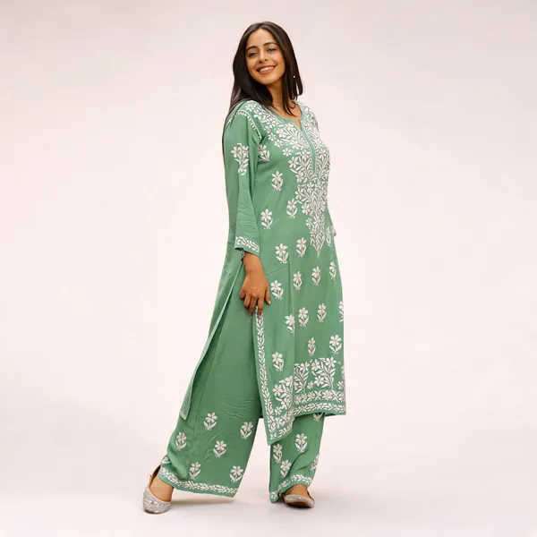 Premium_Lucknowi_Chikankari_Kurta_Pant_Set_For_Women_Mint_Green