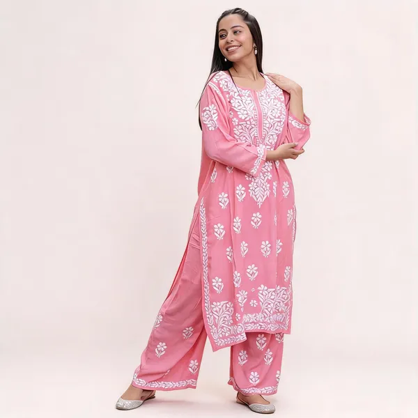 Premium_Lucknowi_Chikankari_Kurta_Pant_Set_For_Women_PINK
