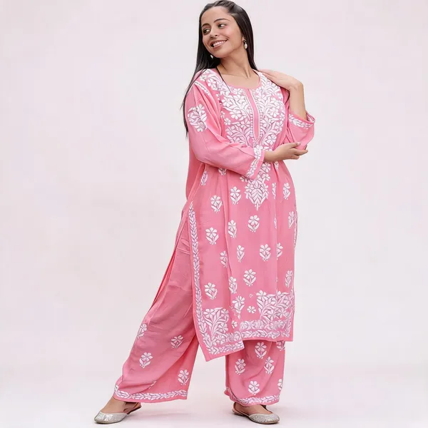 Premium_Lucknowi_Chikankari_Kurta_Pant_Set_For_Women_PINK