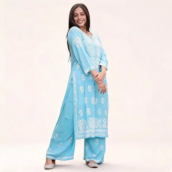 Premium_Lucknowi_Chikankari_Kurta_Pant_Set_For_Women_Sky_Blue