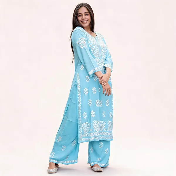 Premium_Lucknowi_Chikankari_Kurta_Pant_Set_For_Women_Sky_Blue