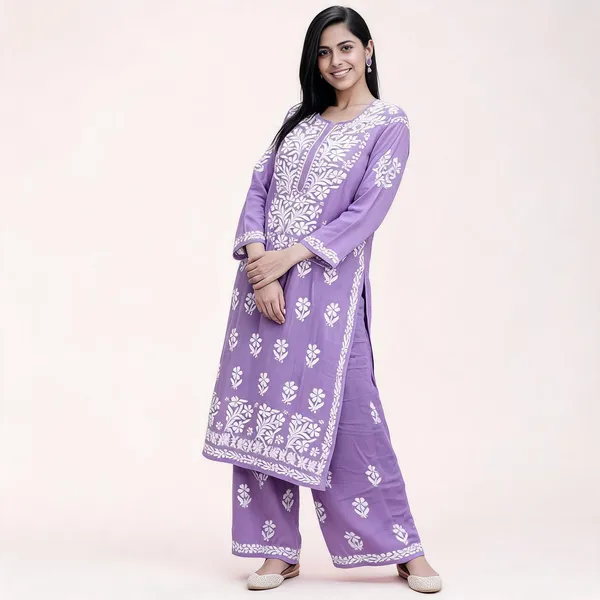 Premium_Lucknowi_Chikankari_Kurta_Pant_Set_For_Women_Lavender_Purple