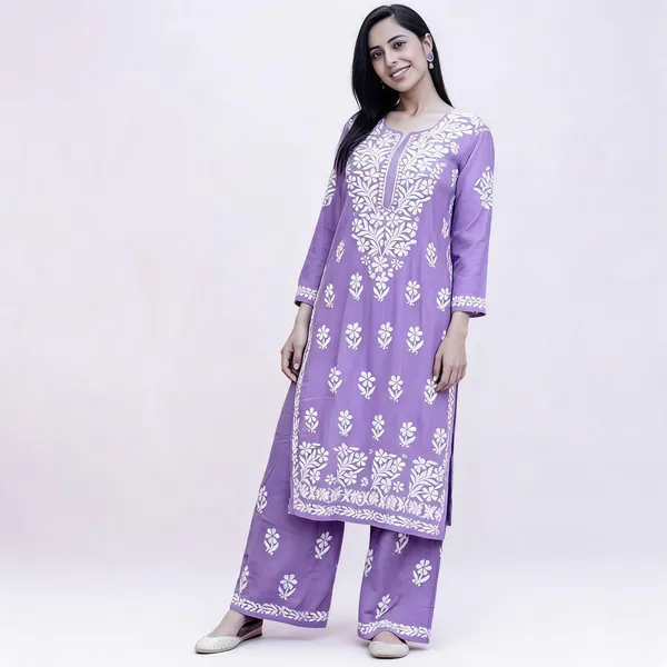Premium_Lucknowi_Chikankari_Kurta_Pant_Set_For_Women_Lavender_Purple