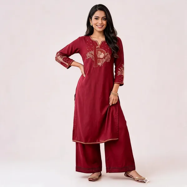 The_Aadya_Ivory_Embroidered_Kurta_Set_Tree_Bird_Motif_Maroon