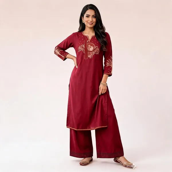 The_Aadya_Ivory_Embroidered_Kurta_Set_Tree_Bird_Motif_Maroon