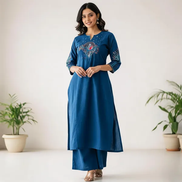 The_Aadya_Ivory_Embroidered_Kurta_Set_Tree_Bird_Motif_Blue