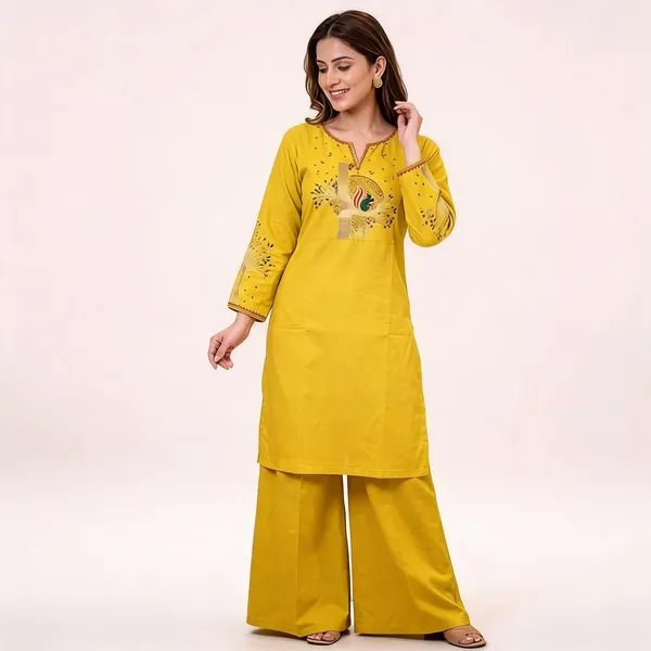 The_Aadya_Ivory_Embroidered_Kurta_Set_Tree_Bird_Motif_Yellow