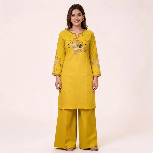 The_Aadya_Ivory_Embroidered_Kurta_Set_Tree_Bird_Motif_Yellow