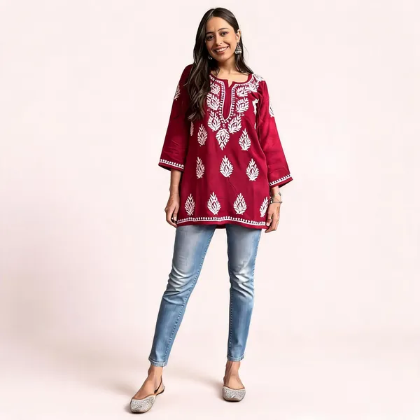 Premium_Chikankari_Short_Kurti_For_Women_Casual_Everyday_Wear_Maroon