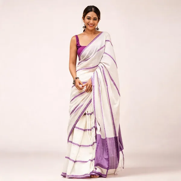 Women_S_White_Linen_Cotton_Saree_With_Purple_Woven_Border