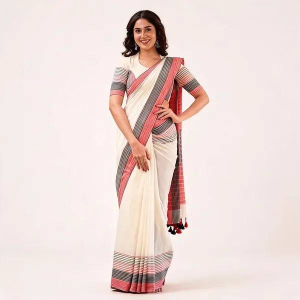 Traditional_Off_White_Saree_With_Striped_Pallu_And_Matching_Blouse_Piece