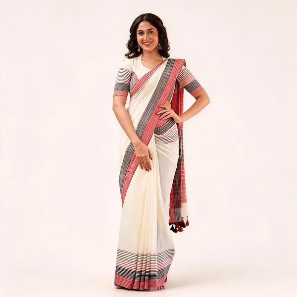 Traditional_Off_White_Saree_With_Striped_Pallu_And_Matching_Blouse_Piece
