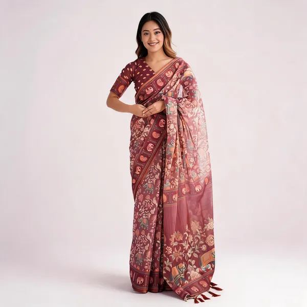 Premium_Wine_Maroon_Linen_Cotton_Saree_With_Elephant_Motif_Print_Designer_Border