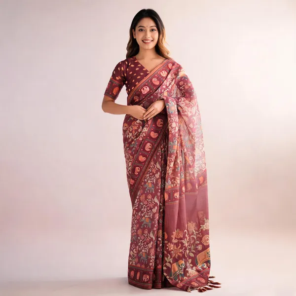 Premium_Wine_Maroon_Linen_Cotton_Saree_With_Elephant_Motif_Print_Designer_Border