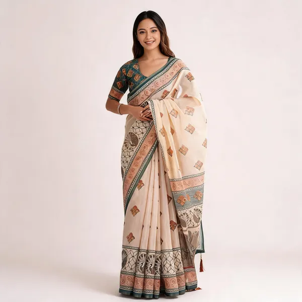 Elegant_Beige_Teal_Printed_Linen_Blend_Saree_With_Traditional_Border_Design