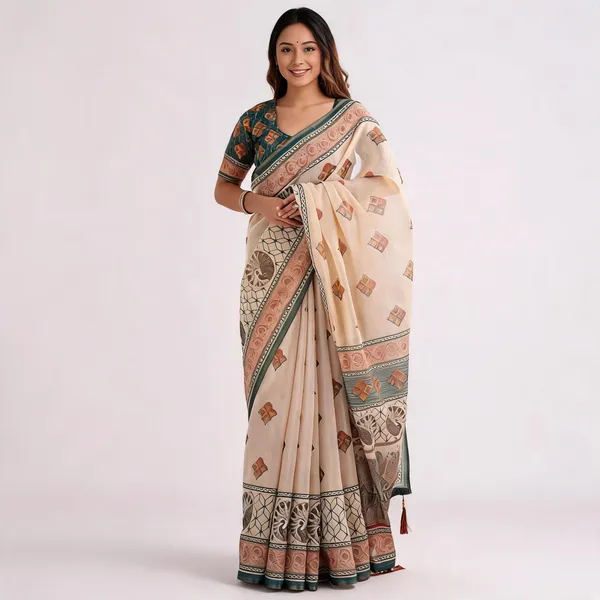 Elegant_Beige_Teal_Printed_Linen_Blend_Saree_With_Traditional_Border_Design
