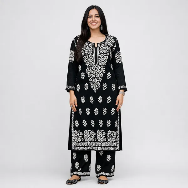 Premium_Lucknowi_Chikankari_Kurta_Pant_Set_For_Women_Black