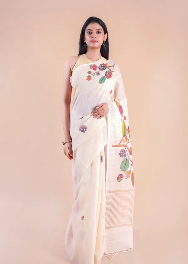 White_Slub_Linen_Saree_For_Women