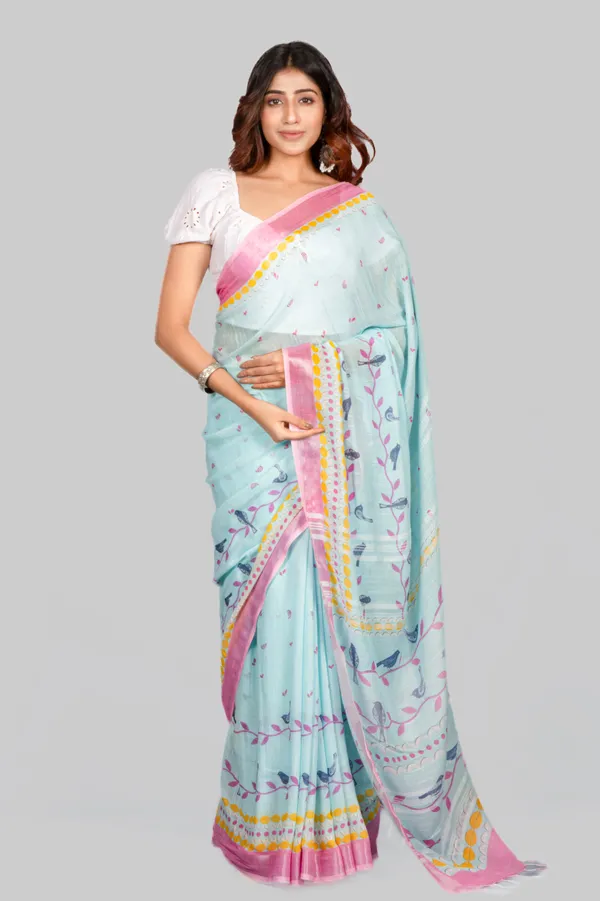 Turquoise_Linen_Saree_For_Women