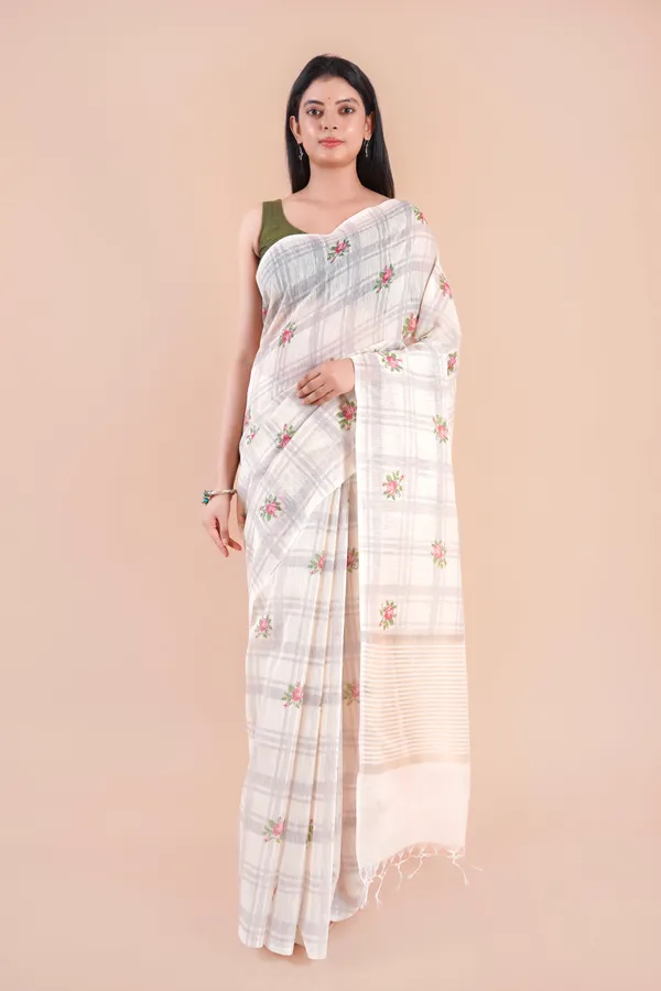 White_Slub_Linen_Saree_For_Women