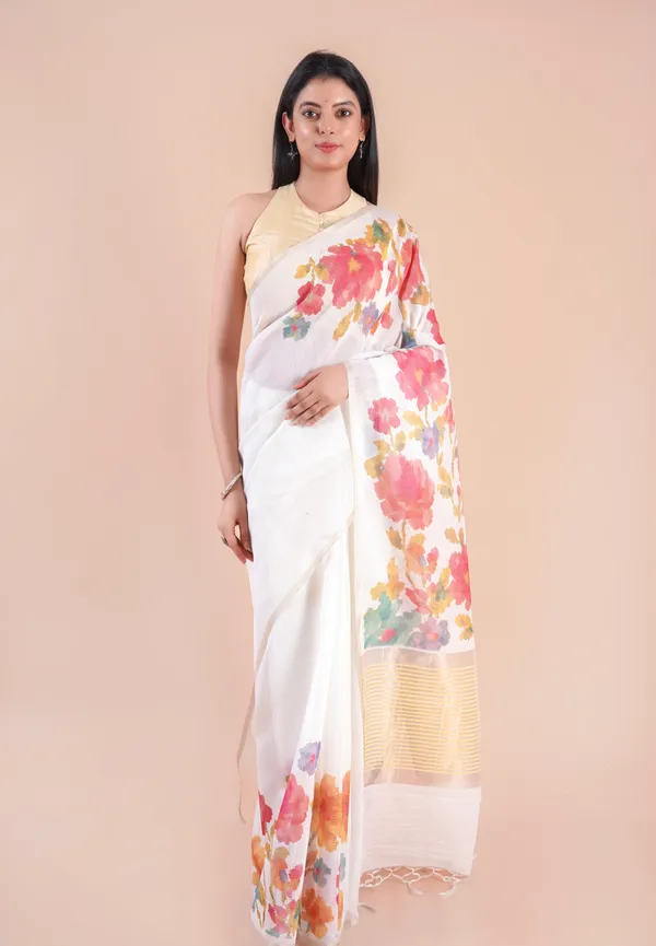 White_Slub_Linen_Saree_For_Women