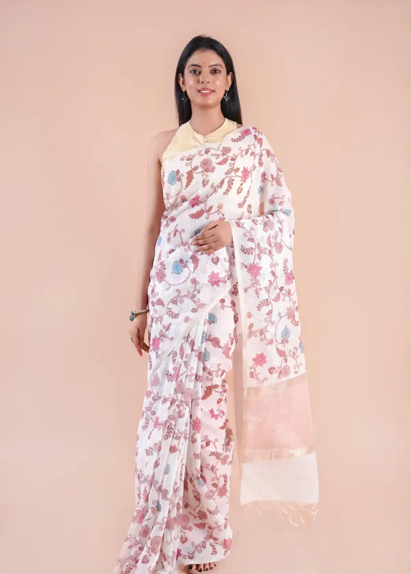 White_Slub_Linen_Saree_For_Women