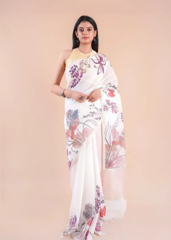 White_Slub_Linen_Saree_For_Women