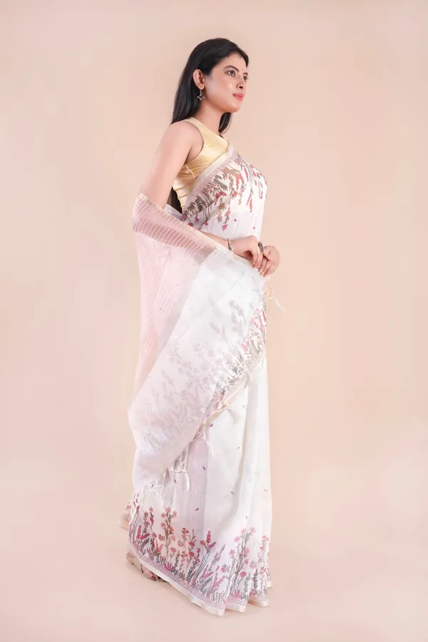 White_Slub_Linen_Saree_For_Women