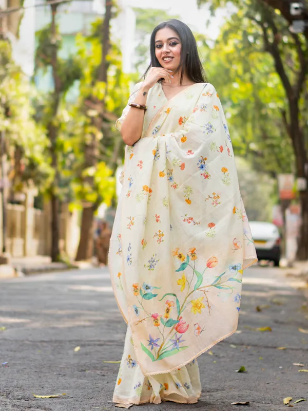 Cream_Mul_Chanderi_Saree_For_Women