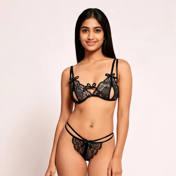 Black_Polyester_Floral_Lace_Lingerie_Set_For_Women