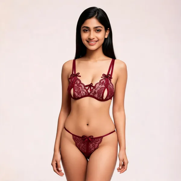 Maroon_Polyester_Floral_Lace_Lingerie_Set_For_Women