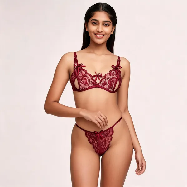 Maroon_Polyester_Floral_Lace_Lingerie_Set_For_Women