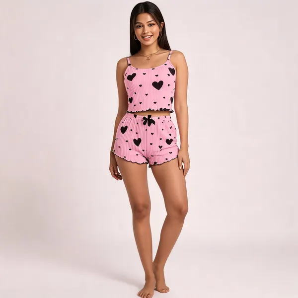 Pink_Cotton_Rib_Camisole_Top_And_Shorts_Set_For_Women