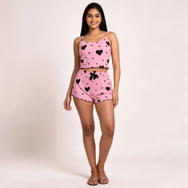 Pink_Cotton_Rib_Camisole_Top_And_Shorts_Set_For_Women
