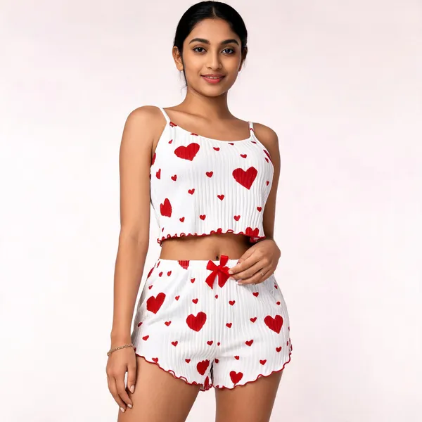 White_Cotton_Rib_Camisole_Top_And_Shorts_Set_For_Women
