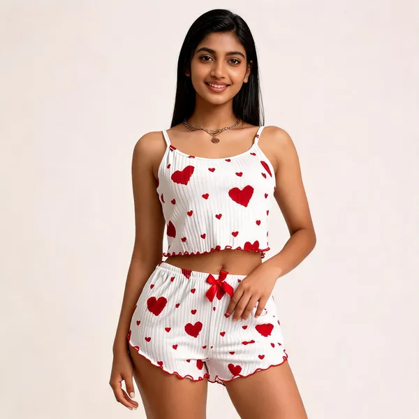 White_Cotton_Rib_Camisole_Top_And_Shorts_Set_For_Women
