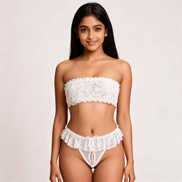 White_Polyester_Ruffled_Lace_Pearl_Thong_For_Women