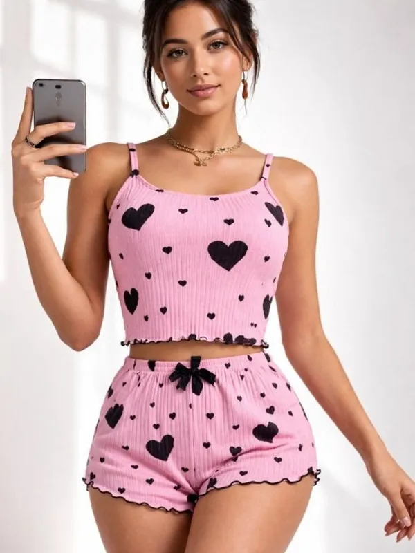 Pink_Cotton_Rib_Camisole_Top_And_Shorts_Set_For_Women
