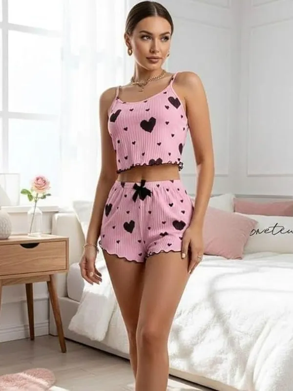 Pink_Cotton_Rib_Camisole_Top_And_Shorts_Set_For_Women