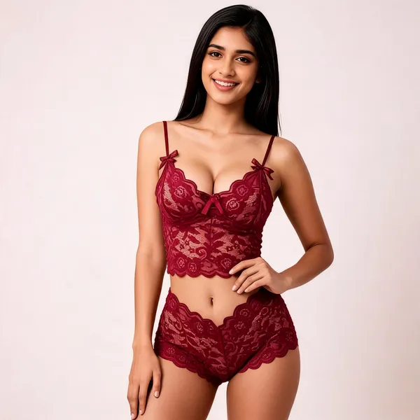 Maroon_Polyester_Lace_Top_And_Shorts_Lingerie_Set_For_Women