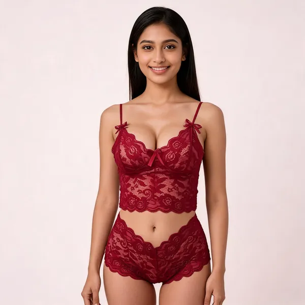 Maroon_Polyester_Lace_Top_And_Shorts_Lingerie_Set_For_Women