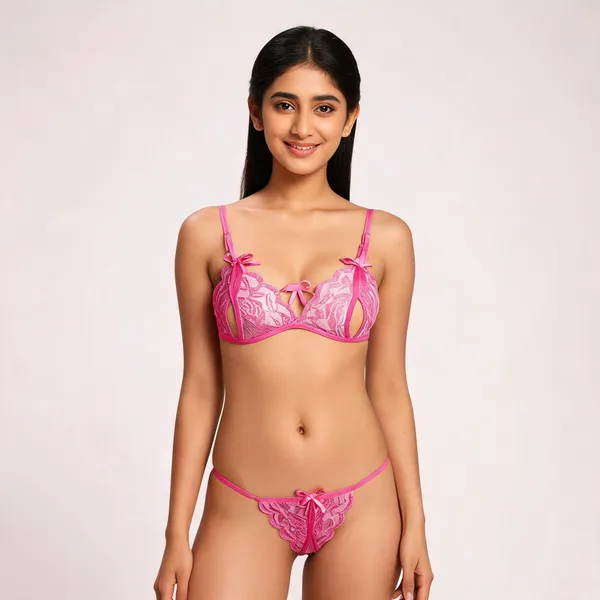 Pink_Polyester_Lace_Lingerie_Set_For_Women