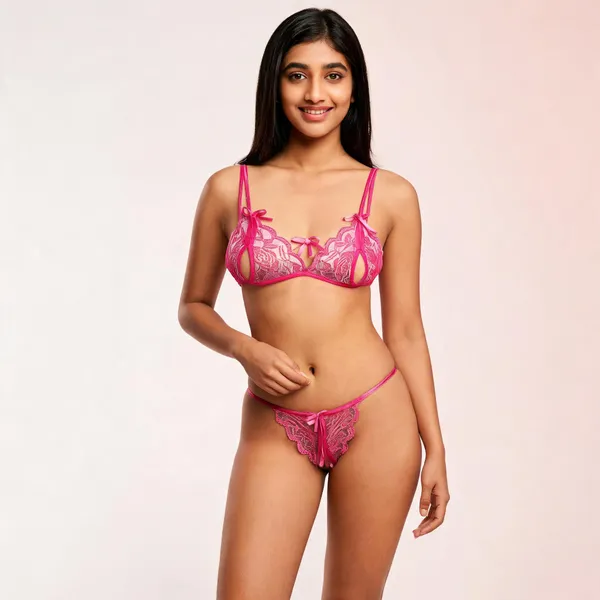 Pink_Polyester_Lace_Lingerie_Set_For_Women