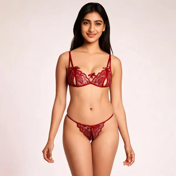 Maroon_Polyester_Lace_Lingerie_Set_For_Women