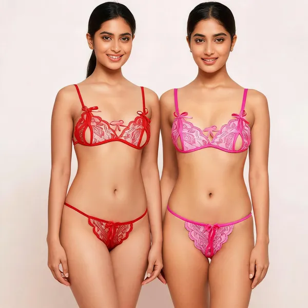 Red_And_Pink_Polyester_Lace_Lingerie_Set_For_Women