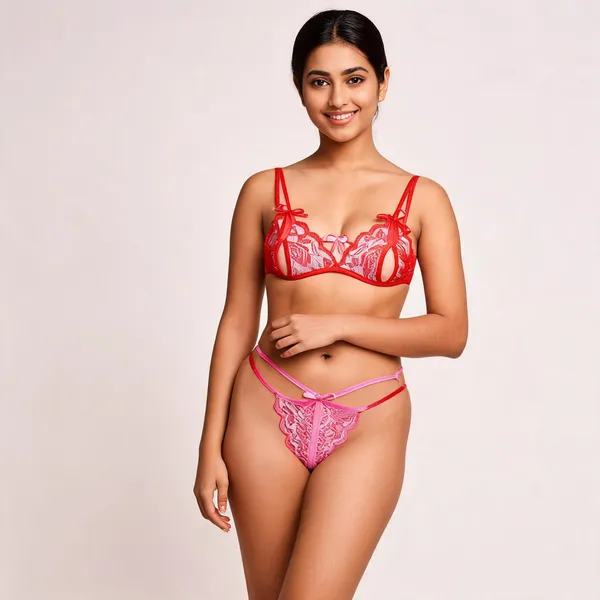 Red_And_Pink_Polyester_Lace_Lingerie_Set_For_Women