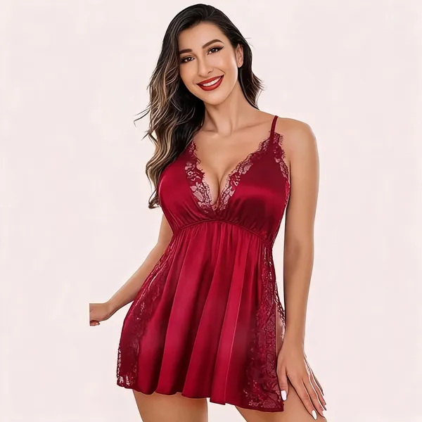 Maroon_Satin_Lace_Panel_V-Neck_Babydoll_For_Women